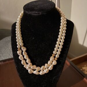 Faux pearl double strand necklace, vintage. Pearly white with gold tone beads